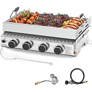 Cowsar 4-burner portable propane griddle with stainless steel cooking surface and black frame, showing four independently controlled burners beneath 428 sq in cooking area.
