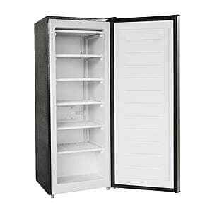 Platinum silver Frigidaire upright freezer with space-saving vertical design, recessed handle, and compact footprint suitable for garages and small spaces.