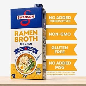 Swanson Ramen Chicken Broth 32-ounce carton on white background.