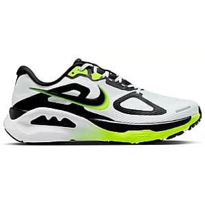 White, black, and volt Nike Men's Structure Plus running sneaker shown from the side.