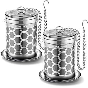 Two stainless steel mesh tea infuser balls with drip trays in different styles, featuring fine mesh construction for loose leaf tea steeping.