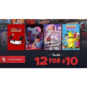 Promotional graphic for 12-game Humble Bundle PC digital download collection priced at $10, featuring game titles and logos.