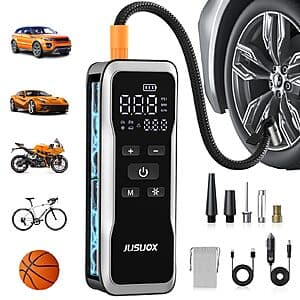 JUSUOX Portable 150 PSI Cordless Tire Inflator Air Compressor w/ 12V DC Cord $16.50