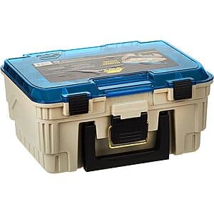 Plano 1349-00 Two Level Magnum 3449 Tackle Box in Sandstone and Blue with 25 compartments and dual spinnerbait racks.