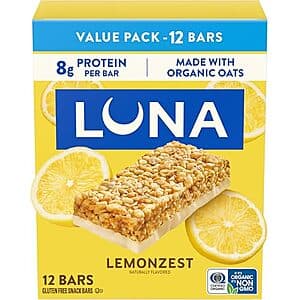 12-pack of Luna Whole Nutrition Protein Snack Bars in Lemon Zest flavor, 1.69oz bars per package.