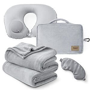 Grey Bedsure 4-piece travel blanket set including folded blanket, inflatable neck pillow, eye mask, and black storage bag.