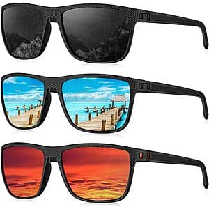 Three pairs of Kaliyadi men's rectangle-frame sunglasses in Black, Ice Blue, and Red with polarized lenses.
