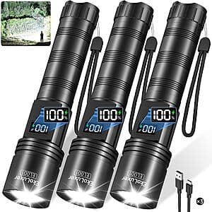 3-pk Tughlax Rechargeable LED Flashlights w/ 10000 Lumens, LCD Display & 5 Modes $15