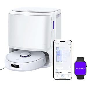 White NARWAL Freo X10 Pro robot vacuum with self-emptying base station, featuring a circular disc design and docking bin.