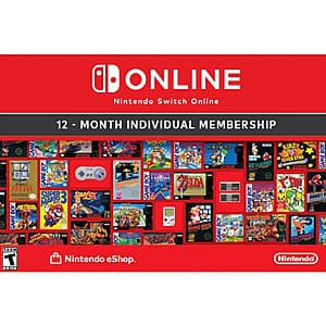 Nintendo Switch Online 12-month membership digital code card or promotional image with Nintendo branding and subscription details.