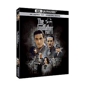 The Godfather Part II 4K UHD disc packaging with digital copy code, showing dramatic film artwork and rating information.