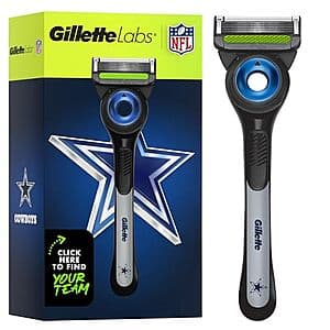 Gillette Labs Special NFL Cowboys Edition shaving razor in Dallas Cowboys team colors with 4 refill cartridges and display stand.