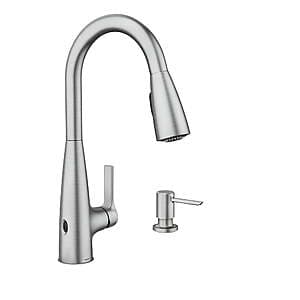 Moen Haelyn MotionSense Wave touchless kitchen faucet with single handle and pull-down spray in Spot Resist Stainless finish.