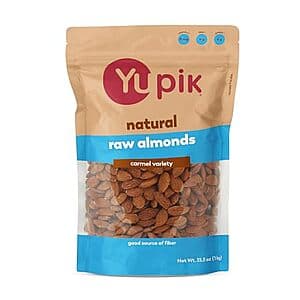 2.2-pound bag of Yupik California raw almonds with small-sized nuts in clear packaging.