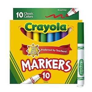 Crayola 10-count pack of broad line markers with assorted colors in original packaging.