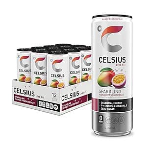 12-pack of CELSIUS Functional Essential Energy Drink cans in Sparkling Mango Passionfruit flavor.