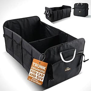 Armor All black 8-compartment collapsible car trunk organizer with aluminum handles and compression buckles.