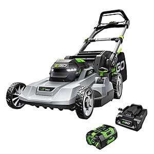 EGO POWER+ 21-inch push lawn mower with 56V brushless motor, black and green design, equipped with 6.0Ah battery.