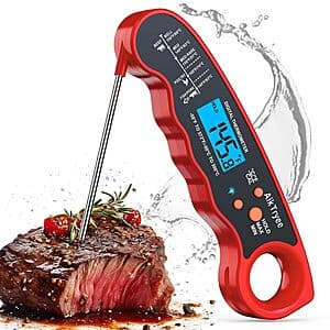 AikTryee digital meat thermometer with black display unit and 6-inch metal probe, temperature range -58°F to 572°F.