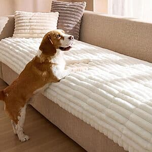 Bedsure Comfyfleece plush sofa cover with non-slip backing, shown in select neutral colors draped over furniture.