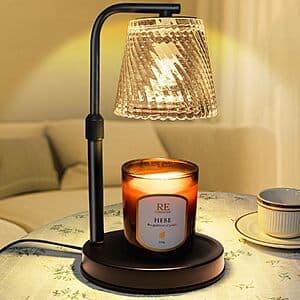 Black spiral dimmable candle warmer lamp with adjustable height and timer function.