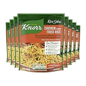 Eight-pack of Knorr Rice Sides Chicken Flavor Fried Rice boxes, each 5.7 oz, in yellow and red packaging with chicken fried rice imagery.