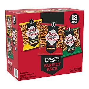 18-pack box of Dot's Pretzels variety pack containing Original, Honey Mustard & Parmesan Garlic flavored pretzel packs.