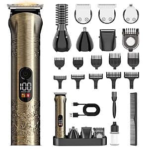 Gold Solati Beard Trimmer and Hair Clipper Grooming Kit with grooming attachments.