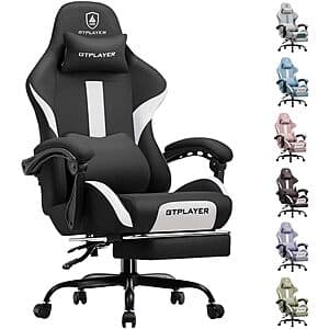 GTPlayer high back ergonomic gaming chair with gray breathable fabric, featuring a curved backrest, wider cushioned seat with memory foam, and built-in speakers.
