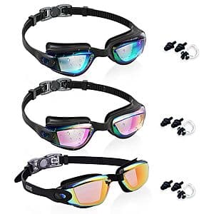 Three pairs of Aegend anti-fog swim goggles in different colors, sized for children ages 3-14, displayed together.