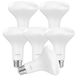 Six Linkind BR30 LED indoor flood light bulbs in reflector design, showing warm light output suitable for home lighting.