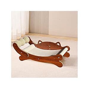 FUNACAY caramel-colored 23.3-inch cat hammock bed with replacement felt scratch mat and 3 sisal ball toys.