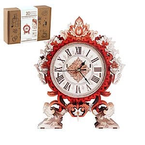 25-piece 3D wooden puzzle kit assembling into an 11.8-inch flame flower design working clock with natural wood tones.