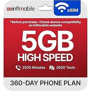 5GB 12-Month Infimobile Prepaid eSIM Mobile Plan (2500 Min + 2500 Text) $60 + Free Shipping