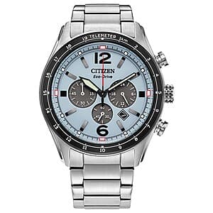 Silver-tone Citizen Men's Chronograph watch with 43MM case, date window, and Eco-Drive solar technology face displayed against neutral background.
