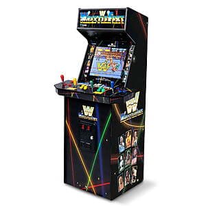 Premium arcade cabinet featuring WWE branding and classic arcade-style artwork, with integrated controls and screen.