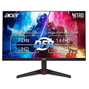 Acer Nitro 27-inch 4K gaming monitor with IPS display, thin bezels, and base stand on white background.