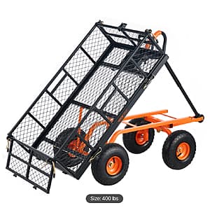 VEVOR metal garden cart with dual-function handle, dump bed, and 10-inch wheels on sturdy metal frame.
