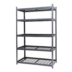 RUGGED RACK industrial 5-shelf wire decking rack with black and silver powder-coated steel frame, measuring 48 inches wide by 24 inches deep by 72 inches tall.