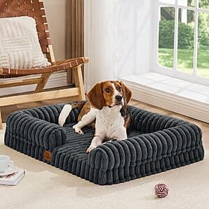 ChiXnuggle Faux Fur Orthopedic Bolster Dog Bed in Dark Grey or Cream with orthopedic support, measuring 35"x28"x7".