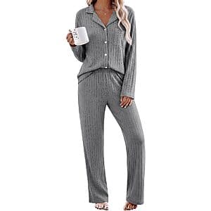 2-pc Ekouaer Women's Long Sleeve Ribbed Knit Pajamas Sets (various) $12