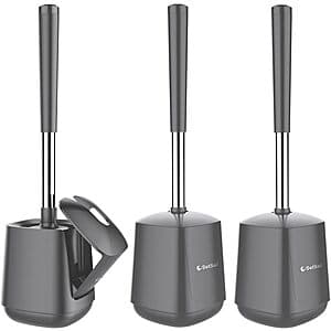 SetSail 3-pack toilet brush holders with self-closing lids in Dark Blue and Gray finishes.