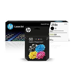 Assorted ink cartridges and toner cartridges in various colors and sizes on a white background.