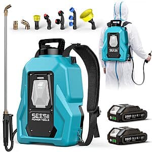 Seesii 5-gallon black battery-powered backpack sprayer with telescopic brass wand attachment and dual rechargeable batteries shown with charger.