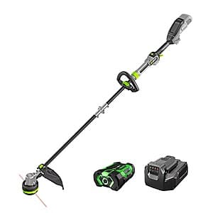 Cordless string trimmer with carbon fiber shaft, telescopic design, alongside 56V 2.5Ah battery and 210W charger.