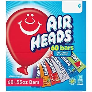 60-count box of Airheads Full-Size Assorted Fruit Taffy Candy Bars with colorful candy pieces visible in assorted fruit flavors.