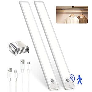 Two 16-inch rechargeable magnetic LED under-cabinet lights with dimmable brightness control.