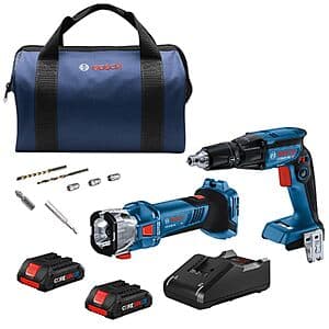 Bosch GXL18V-291B25 18V brushless 2-tool combo kit with cordless screwgun, cut-out tool, and two lithium-ion batteries.