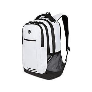 White SWISSGEAR Cecil 18" laptop backpack with multiple compartments and shoulder straps.