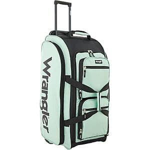 Wrangler Wesley 30-inch rolling travel duffel bag in Seaform or Ambergold with wheeled base and extended handle for easy transport.